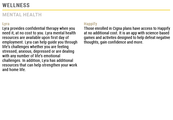 Wellness,Mental Health,,Lyra Lyra provides confidential therapy when you need it, at no cost to you. Lyra mental heal...