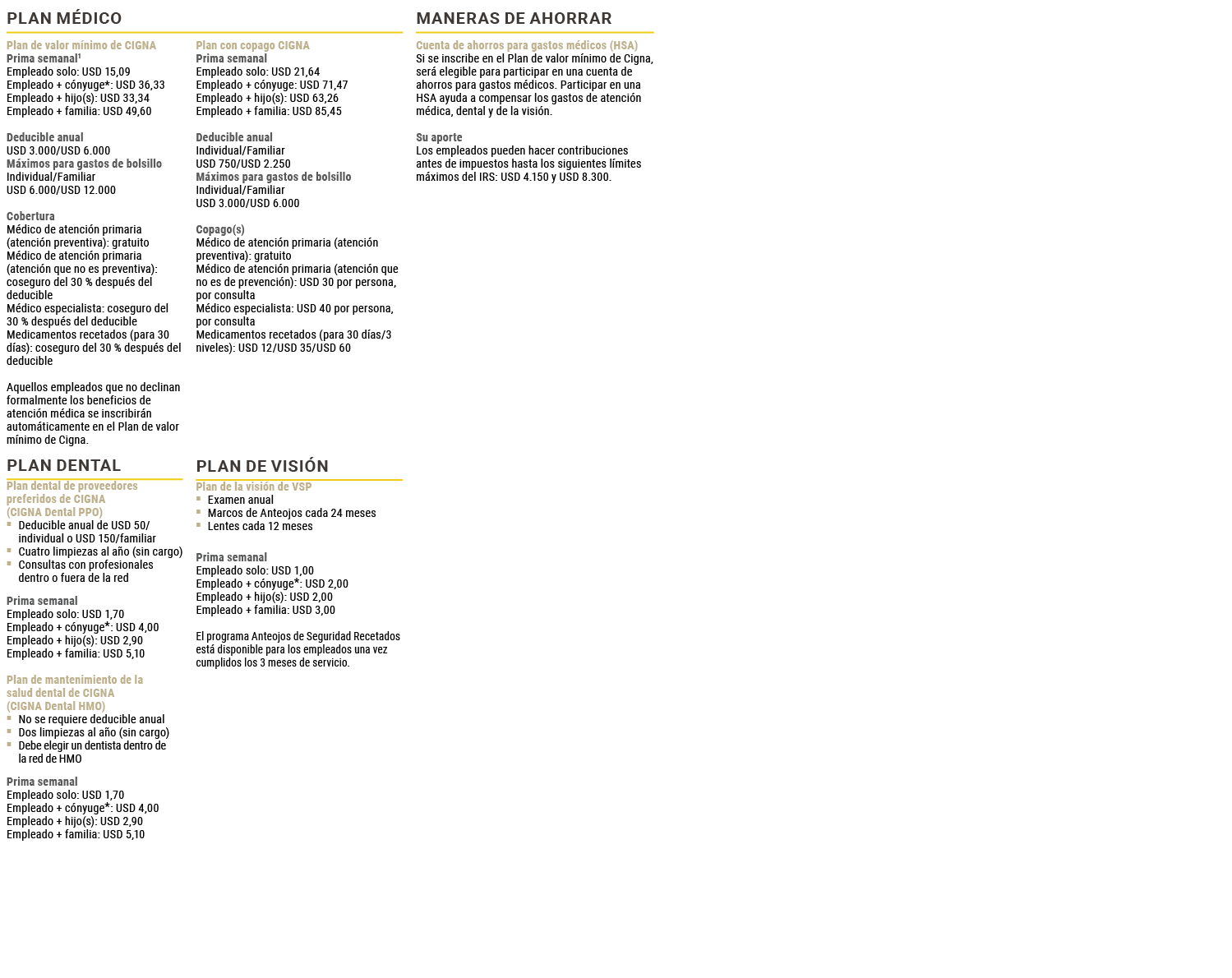 Plan m dico,Maneras de ahorrar,Plan de valor m nimo de CIGNA Prima semanal1 Empleado solo: USD 15,09 Empleado + c nyu...
