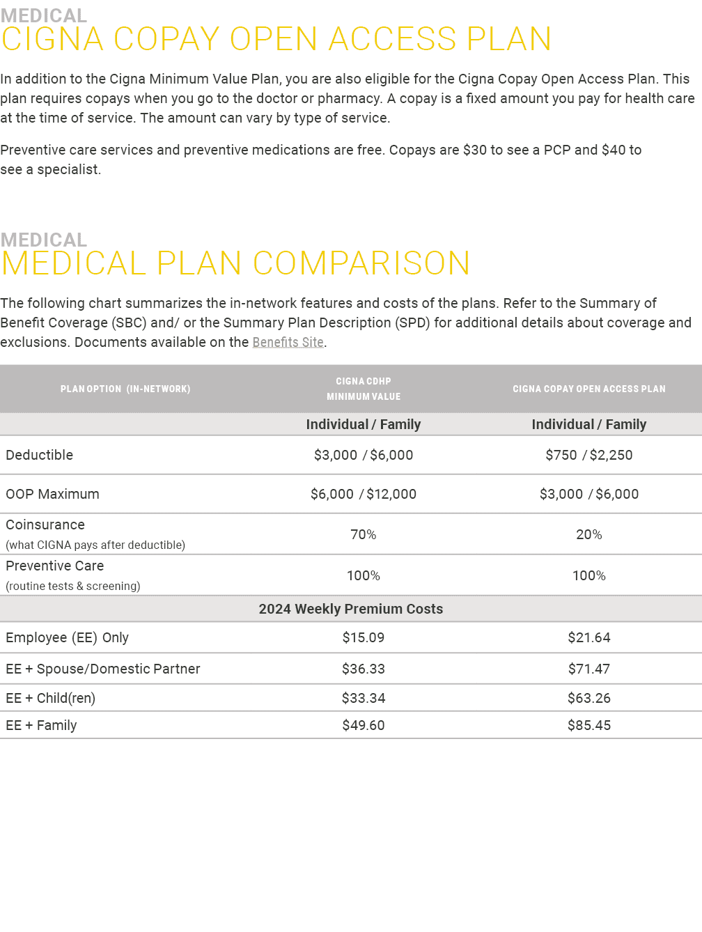 ﻿MEDICAL CIGNA Copay Open Access Plan In addition to the Cigna Minimum Value Plan, you are also eligible for the Cign...