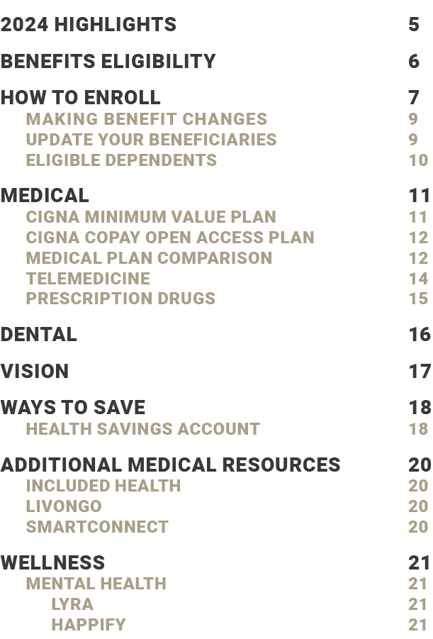 2024 HIGHLIGHTS 5 BENEFITS ELIGIBILITY 6 How to ENROLL 7 MAKING BENEFIT CHANGES 9 UPDATE YOUR BENEFICIARIES 9 Eligibl...