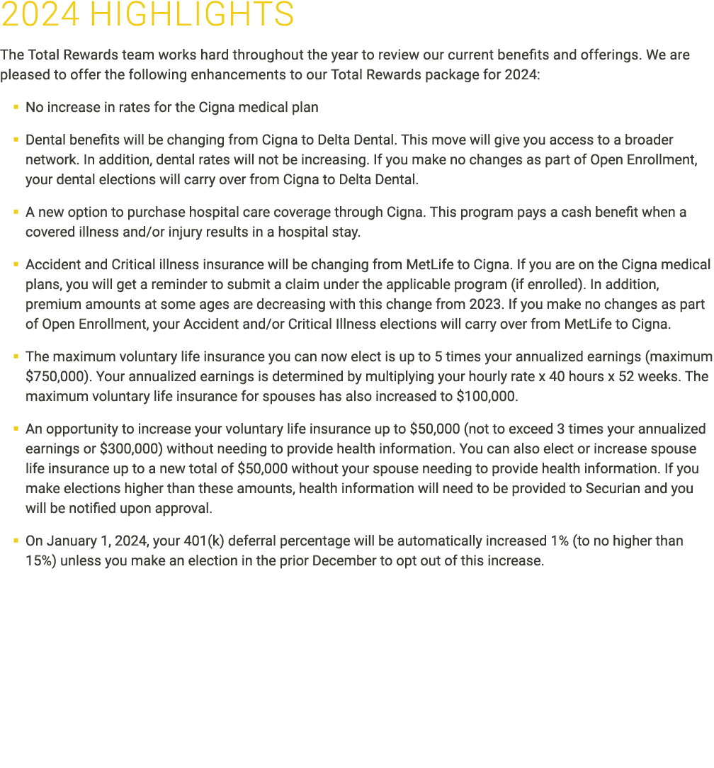 ﻿﻿2024 HIGHLIGHTS The Total Rewards team works hard throughout the year to review our current benefits and offerings....