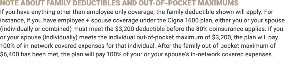 NOTE ABOUT FAMILY DEDUCTIBLES AND OUT-OF-POCKET MAXIMUMS If you have anything other than employee only coverage, the ...
