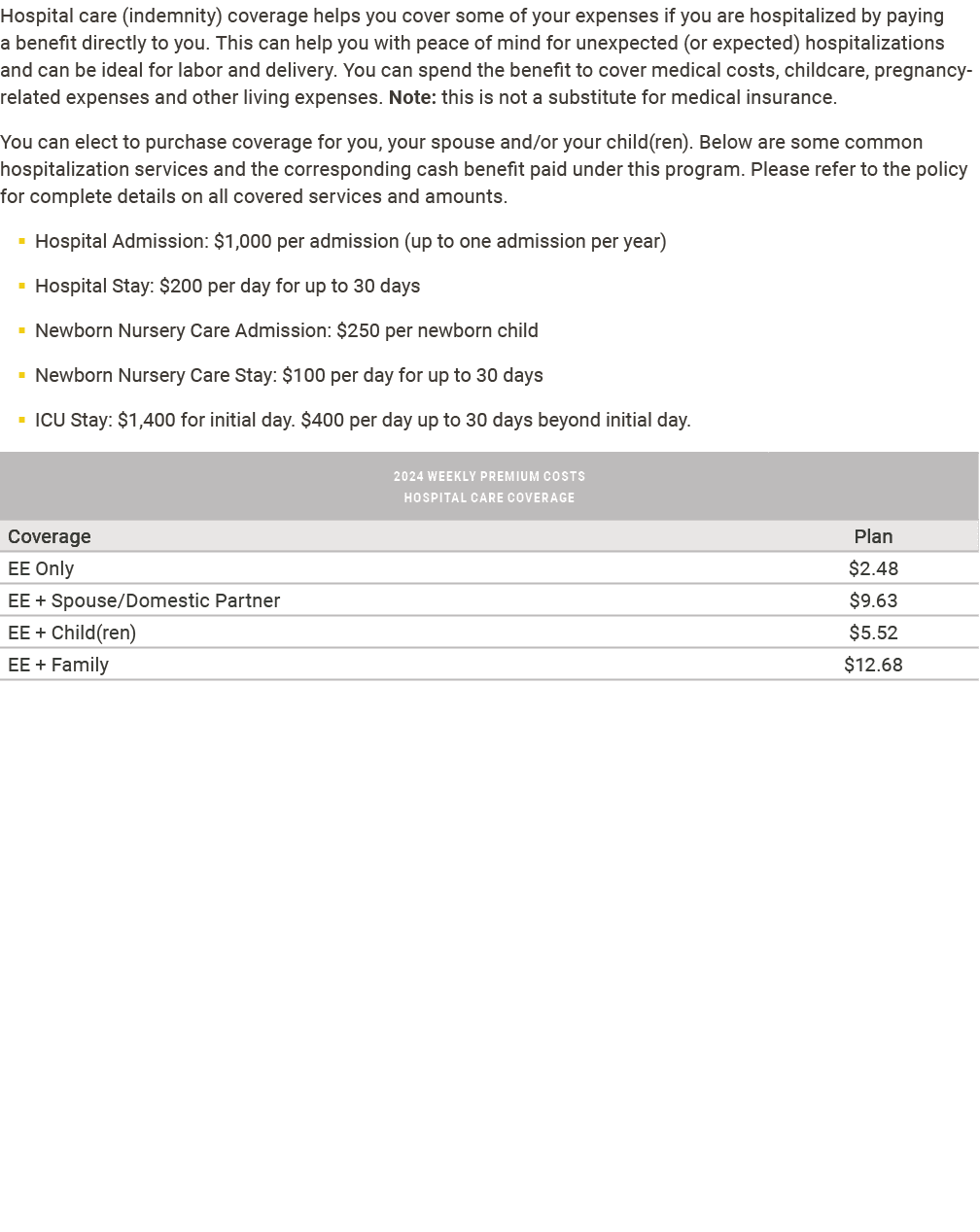 Hospital care (indemnity) coverage helps you cover some of your expenses if you are hospitalized by paying a benefit ...