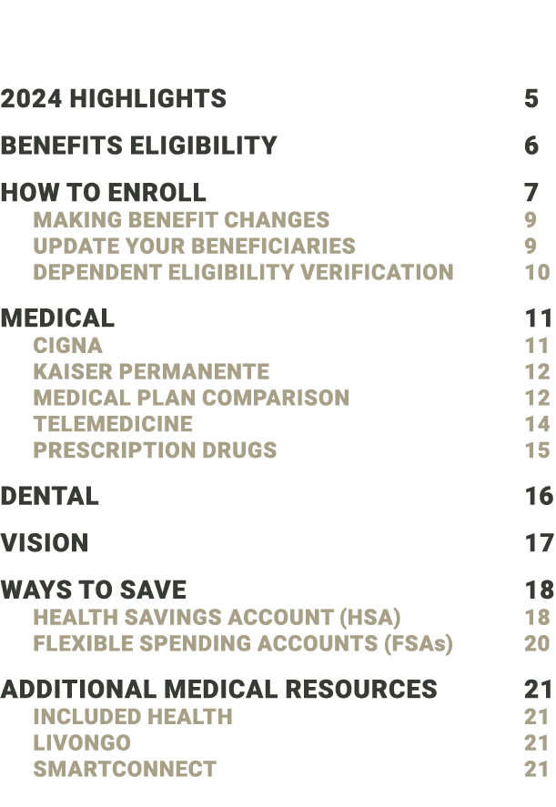 ﻿﻿﻿﻿﻿﻿2024 HIGHLIGHTS 5 BENEFITS ELIGIBILITY 6 How to ENROLL 7 MAKING BENEFIT CHANGES 9 UPDATE YOUR BENEFICIARIES 9 ...