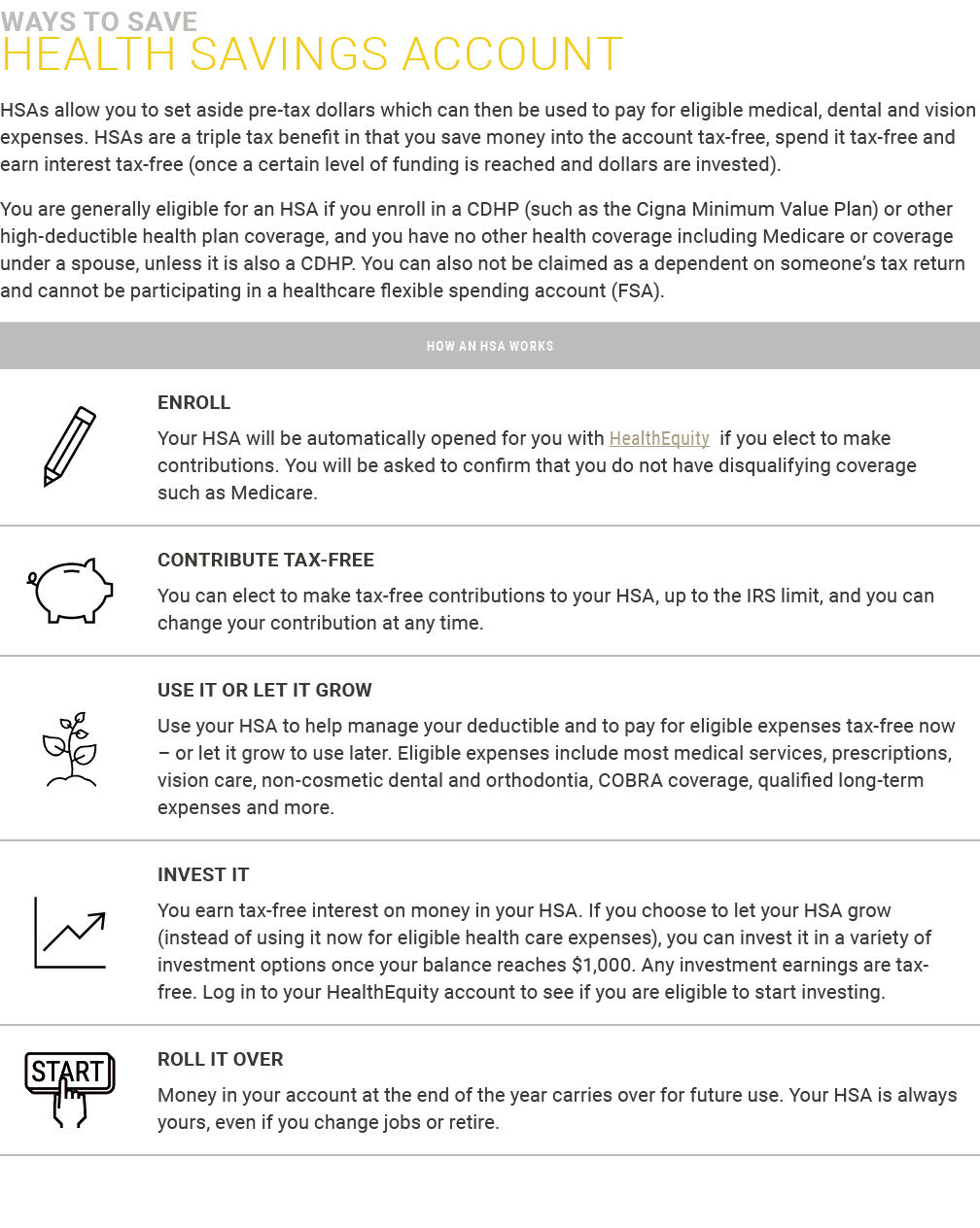 ﻿Ways to Save ﻿HEALTH SAVINGS ACCOUNT HSAs allow you to set aside pre-tax dollars which can then be used to pay for e...