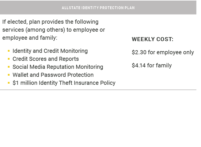 ALLSTATE IDENTITY PROTECTION PLAN,If elected, plan provides the following services (among others) to employee or empl...