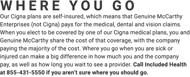 WHERE YOU GO Our Cigna plans are self-insured, which means that Genuine McCarthy Enterprises (not Cigna) pays for the...