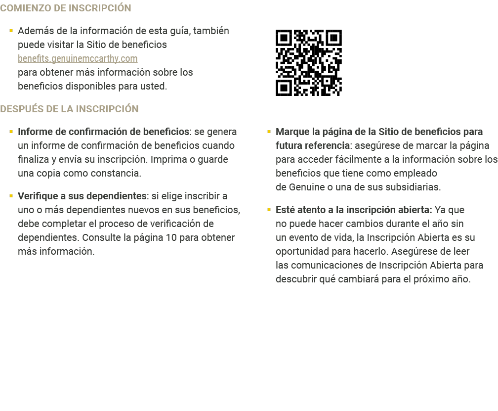 COMIENZO DE INSCRIPCI N � Adem s de la informaci n de esta gu a, tambi n puede visitar la Sitio de beneficios benefit...