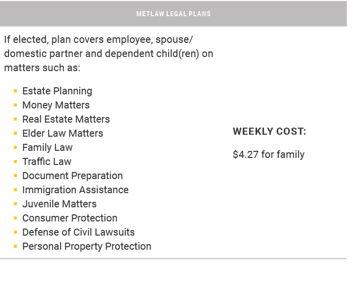 METLAW LEGAL PLANS,If elected, plan covers employee, spouse/domestic partner and dependent child(ren) on matters such...