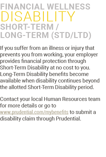 ﻿Financial Wellness Disability Short-Term / Long-Term (STD/LTD) If you suffer from an illness or injury that prevents...